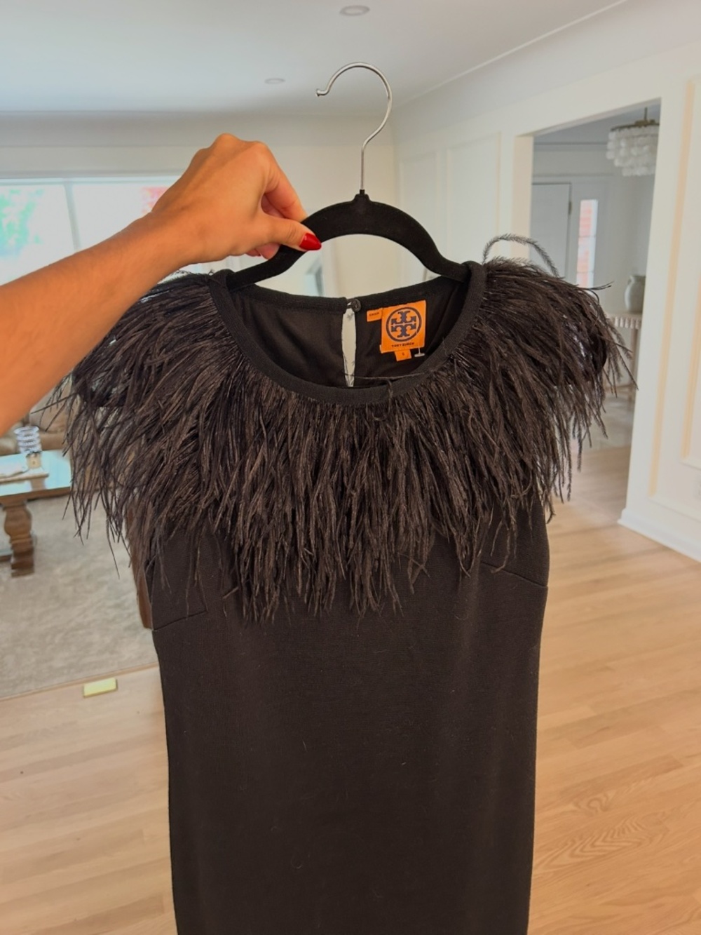 Tory Burch black dress with feathers